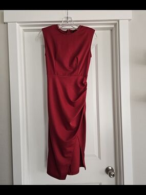 SHEIN Sleeveless Midi Dress in Deep Red with Side Drape